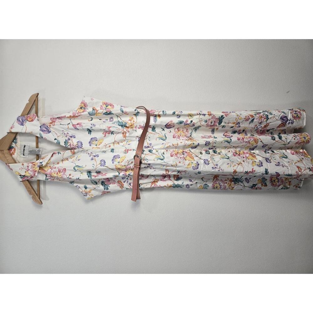 Vintage Floral Maxi Dress with Belt - Size 16